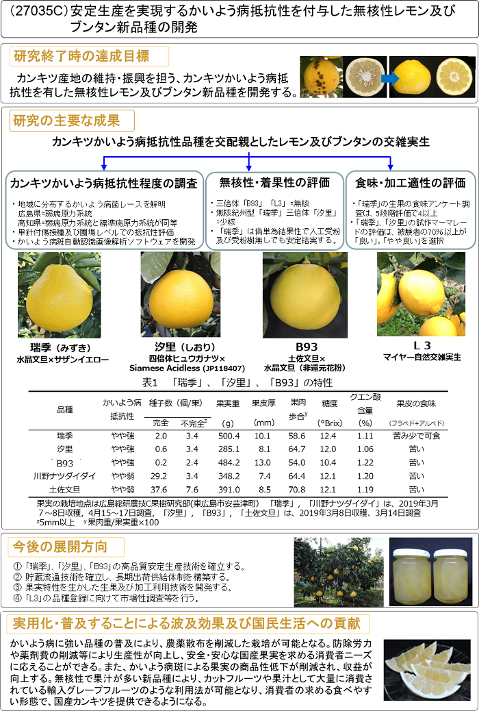 安定生産を実現するかいよう病抵抗性を付与した無核性レモン及びブンタン新品種の開発