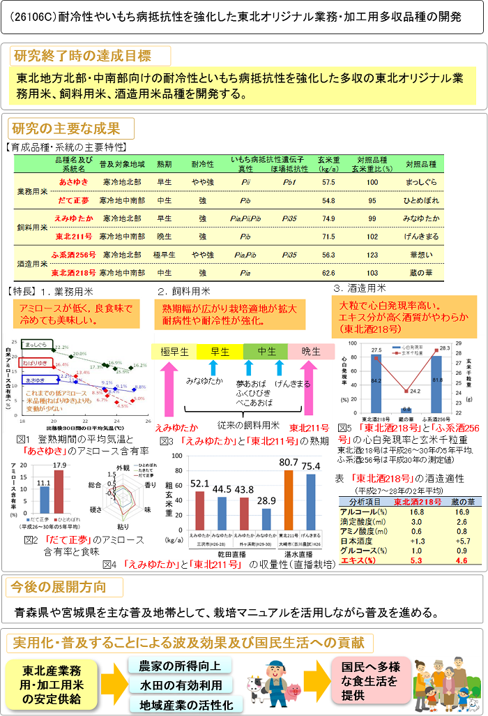 耐冷性やいもち病抵抗性を強化した東北オリジナル業務・加工用多収品種の開発