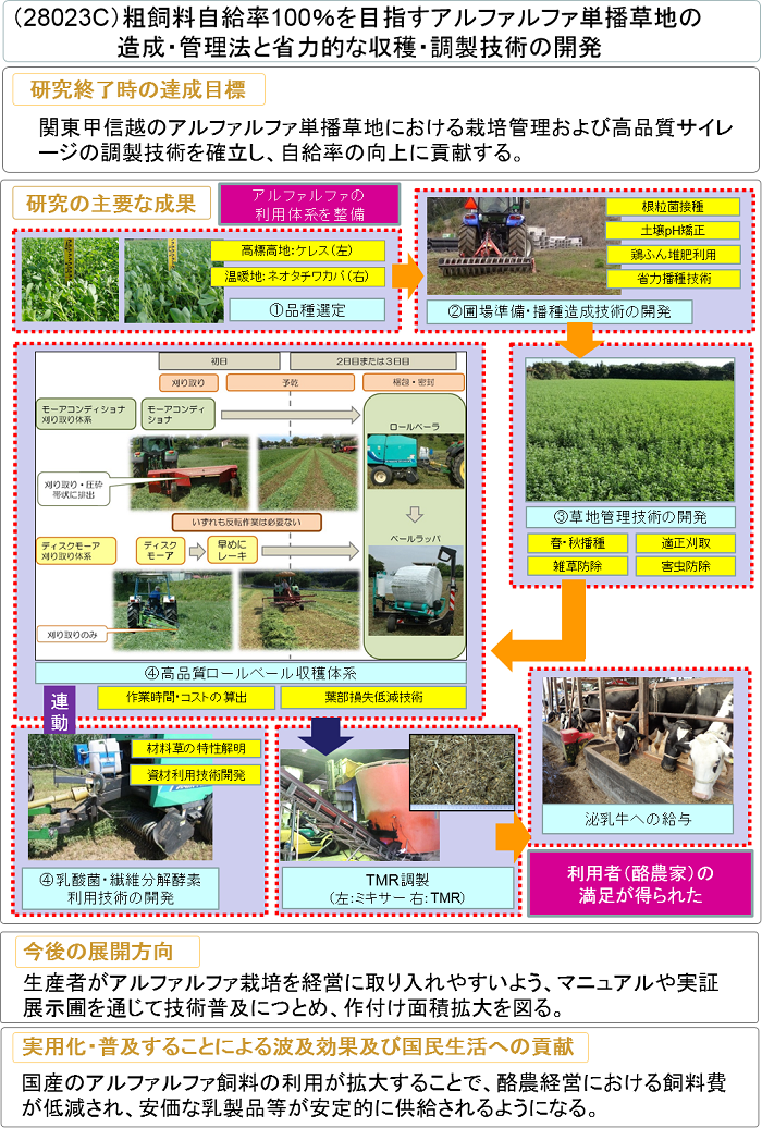 粗飼料自給率100%を目指すアルファルファ単播草地の造成・管理法と省力的な収穫・調製技術の開発