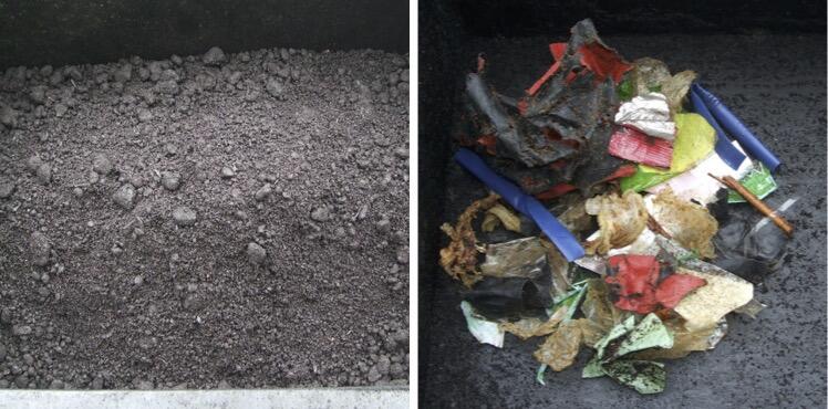 マイルドトレファクション(50kg バッチ試験)後の亜炭化物(左)と、分離したプラスチックごみ(右)