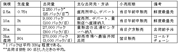 表1 想定されるイチゴの生産規模別流通形態の概要