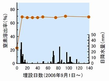 図1―1窒素付加堆肥を施用して栽培した野菜の収穫物収量 図1―2ハクサイ栽培期間中の窒素付加堆肥からの窒素溶出率と期間中の降水量