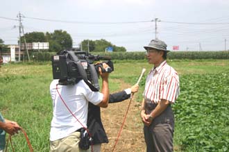 農業生産法人「山渡会」の圃場でインタビューを受ける所長