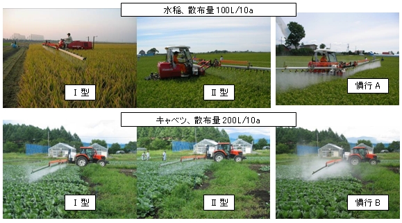 ドリフト低減型及び慣行ノズルの噴霧状況