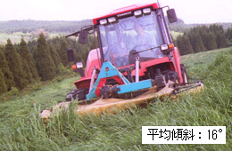 付属ディスクモーアを装着したトラクターによる牧草の刈取り作業