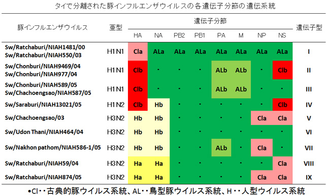 タイで分離された豚インフルエンザウイルスの各遺伝子文節の遺伝系統