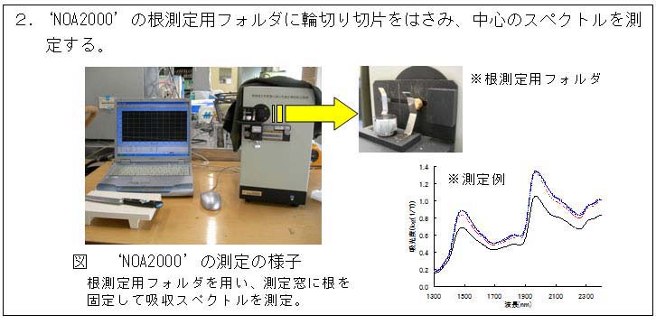 2.‘NOA2000’の根測定用フォルダに輪切り切片をはさみ、中心のスペクトルを測定する。