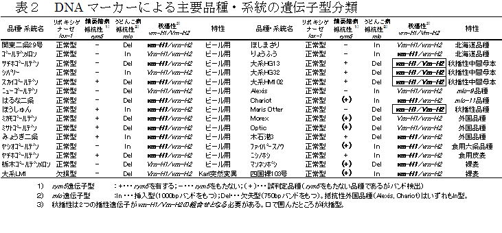 表２  DNAマーカーによる主要品種・系統の遺伝子型分類
