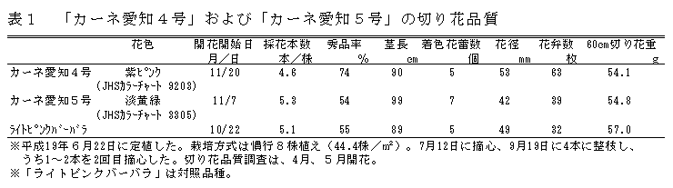 表１　「カーネ愛知４号」および「カーネ愛知５号」の切り花品質