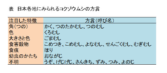 日本各地にみられるコクゾウムシの方言