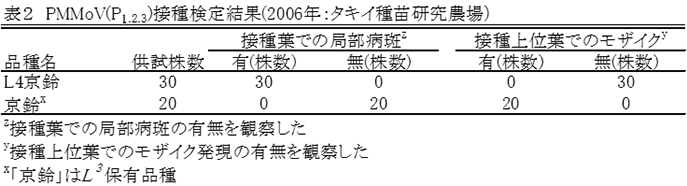 表2 PMMoV(P1.2.3)接種検定結果(2006年:タキイ種苗研究農場)