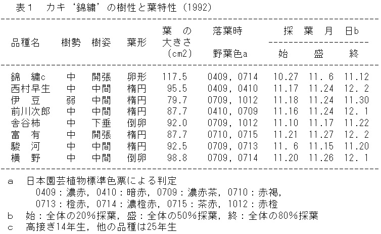 表1 カキ「錦繍」の樹性と葉特性(1992)