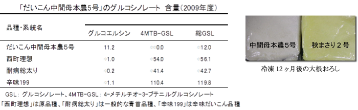 「だいこん中間母本農5号」のグルコシノレート含量(2009年度)