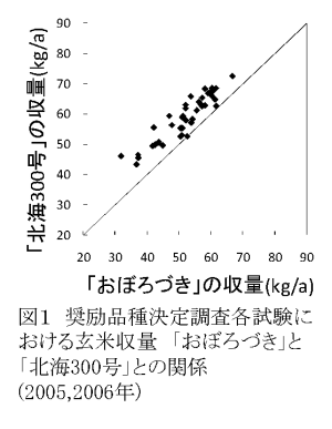 図1 奨励品種決定調査各試験における玄米収量「おぼろづき」と「北海 300 号」との関係