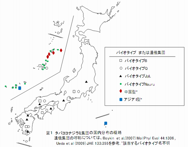 図1 タバココナジラミ集団の国内分布の概略