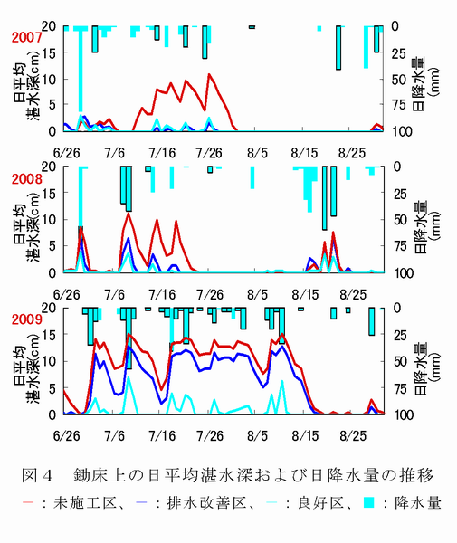 図4 鋤床上の日平均湛水深および日降水量の推移