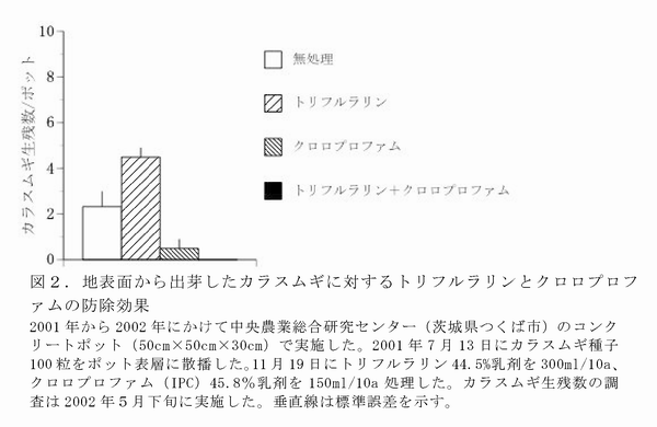 図2 地表面から出芽したカラスムギに対するトリフルラリンとクロロプロファムの防除効果