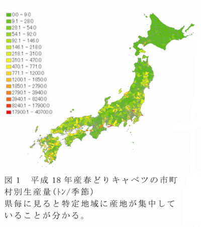 図1 平成 18 年産春どりキャベツの市町村別生産量