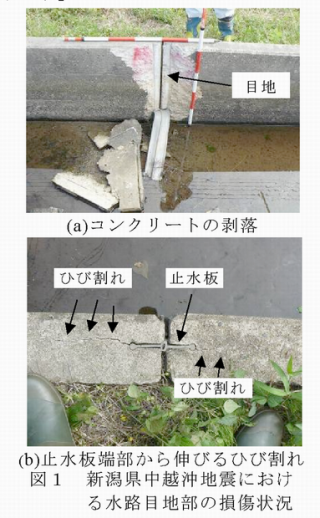 図1 新潟県中越沖地震における水路目地部の損傷状況