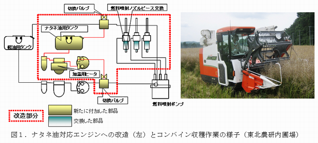 図1 ナタネ油対応エンジンへの改造(左)とコンバイン収穫作業の様子