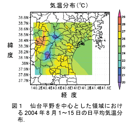 図1 仙台平野を中心とした領域における 2004 年 8 月 1 ~ 15 日の日平均気温分布.
