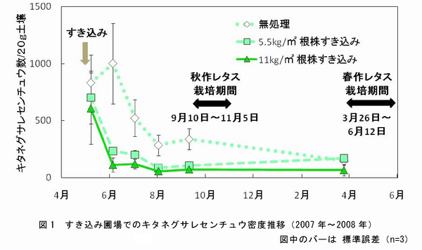 図1 すき込み圃場でキタネグサレセンチュウ密度推移(2007年~2008年)