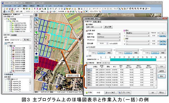 図3 主プログラム上のほ場図表示と作業入力(一括)の例