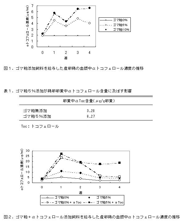 図1.ゴマ粕添加飼料を給与した産卵鶏の血漿中αトコフェロール濃度の推移 表1.ゴマ粕5%添加が鶏卵卵黄中αトコフェロール含量に及ぼす影響 図2.ゴマ粕+αトコフェロール添加飼料を給与した産卵鶏の血漿中αトコフェロール濃度の推移