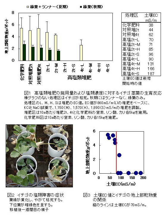 図1 高塩類堆肥の施用量および塩類濃度に対するイチゴ茎葉の生育反応 図2 イチゴの塩類障害の症状 図3 土壌EC値とイチゴの地上部乾物重の関係