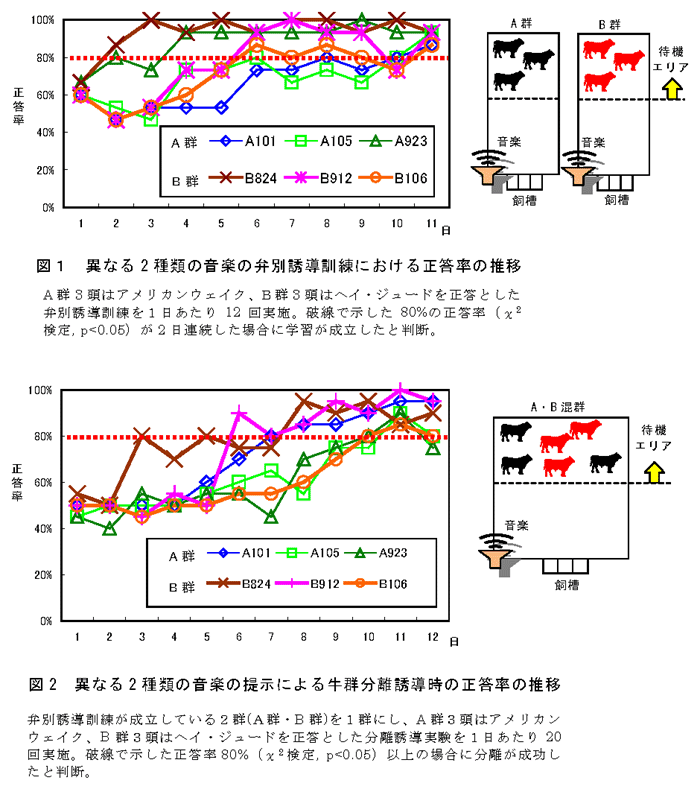 図1 異なる2種類の音楽の弁別誘導訓練における正答率の推移 図2 異なる2種類の音楽の提示による牛群分離誘導時の正答率の推移