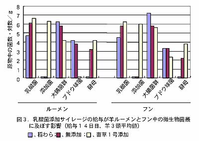 図3.乳酸菌添加サイレージの給与が羊ルーメンとフン中の微生物菌叢 に及ぼす影響