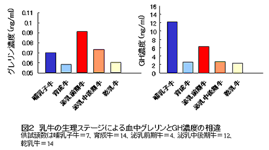 図2.乳牛の生理ステージによる血中グレリンとGH濃度の相違