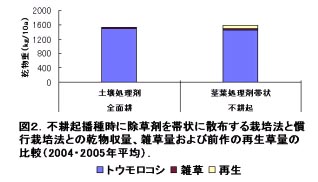 図2 不耕起播種時に除草剤を帯状に散布する栽培法と慣行栽培法との乾物収量、雑草量および前作の再生草量の比較