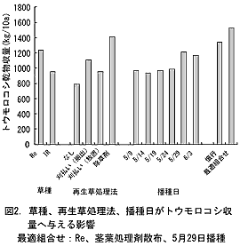 図2. 草種、再生草処理法、播種日がトウモロコシ収量へ与える影響