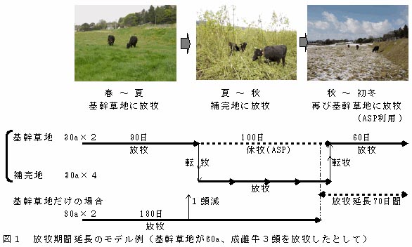 図1 放牧期間延長のモデル例(基幹草地が60a、成雌牛3頭を放牧したとして)