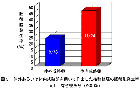 図3 体外あるいは体内成熟卵を用いて作出した核移植胚の胚盤胞発生率