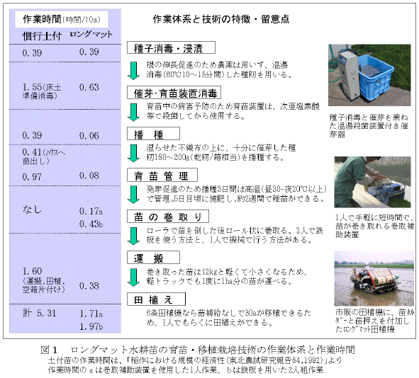 図1.ロングマット水耕苗の育苗・移植栽培技術の作業体系と作業時間