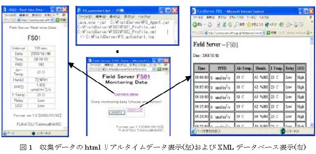 図1 収集データのhtmlリアルタイムデータ表示(左)およびXMLデータベース表示(右)