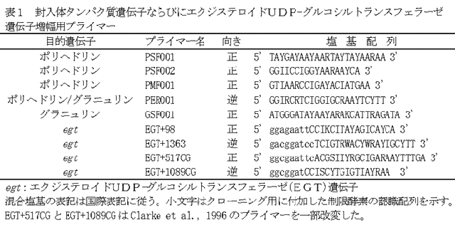 表1 封入体タンパク質遺伝子ならびにエクジステロイドUDP-グルコシルトランスフェラーゼ
遺伝子増幅用プライマー
