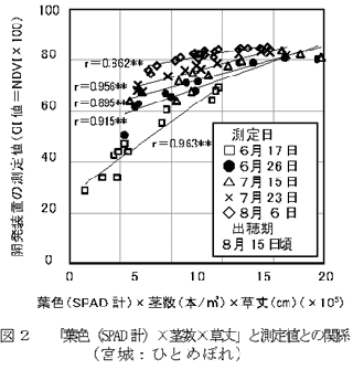 図2 「葉色(SPAD計)×茎数×草丈」と測定値との関係