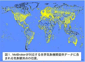 図1 . MetBroker が対応する世界気象機関提供デ ータに含まれる気象観測点の位置。