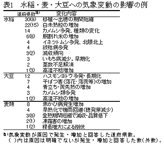 表1 水稲・麦・大豆への気象変動の影響の例