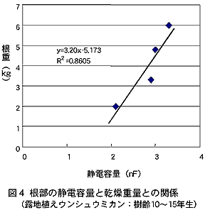 図4 根部の静電容量と乾燥重量との関係(露地植えウンシュウミカン:樹齢10～15年生)