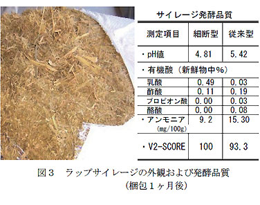 図3 ラップサイレージの外観および発酵品質(梱包1ヶ月後)