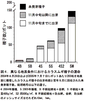 図4. 異なる地表条件におけるカラスムギ種子の運命