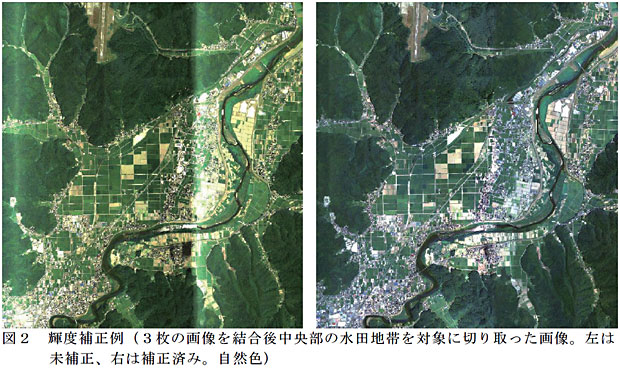 図2 輝度補正例(3枚の画像を結合後中央部の水田地帯を対象に切り取った画像。左は未補正、右は補正済み。自然色)