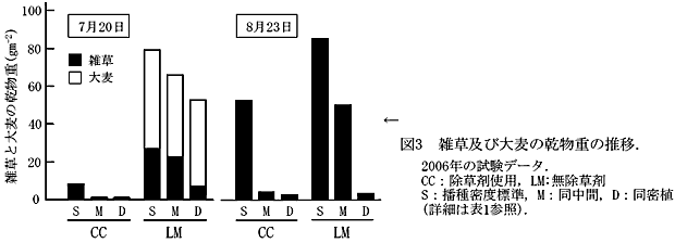 図3 雑草及び大麦の乾物重の推移.