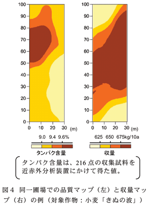 図4 同一圃場での品質マップ(左)と収量マップ(右)の例(対象作物:小麦「きぬの波」)