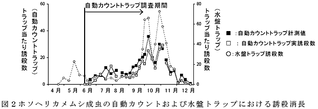 図2 ホソヘリカメムシ成虫の自動カウントおよび水盤トラップにおける誘殺消長