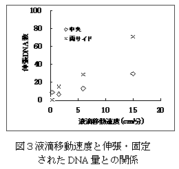 図3.液滴移動速度と伸張・固定 されたDNA 量との関係